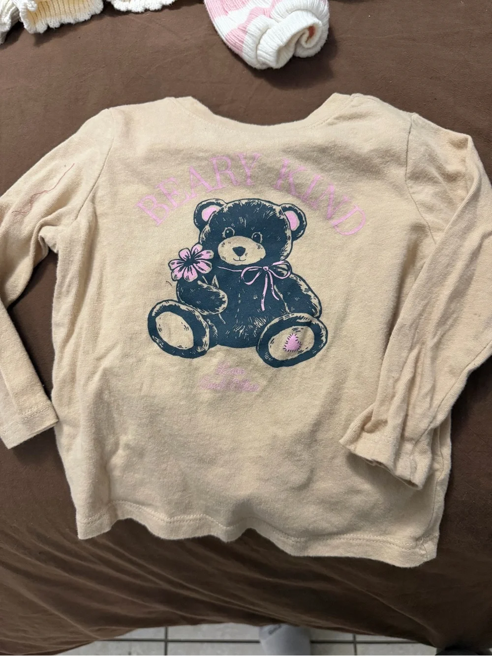 Old Navy Beige Long-Sleeve Tee with Navy Teddy and Pink Accents